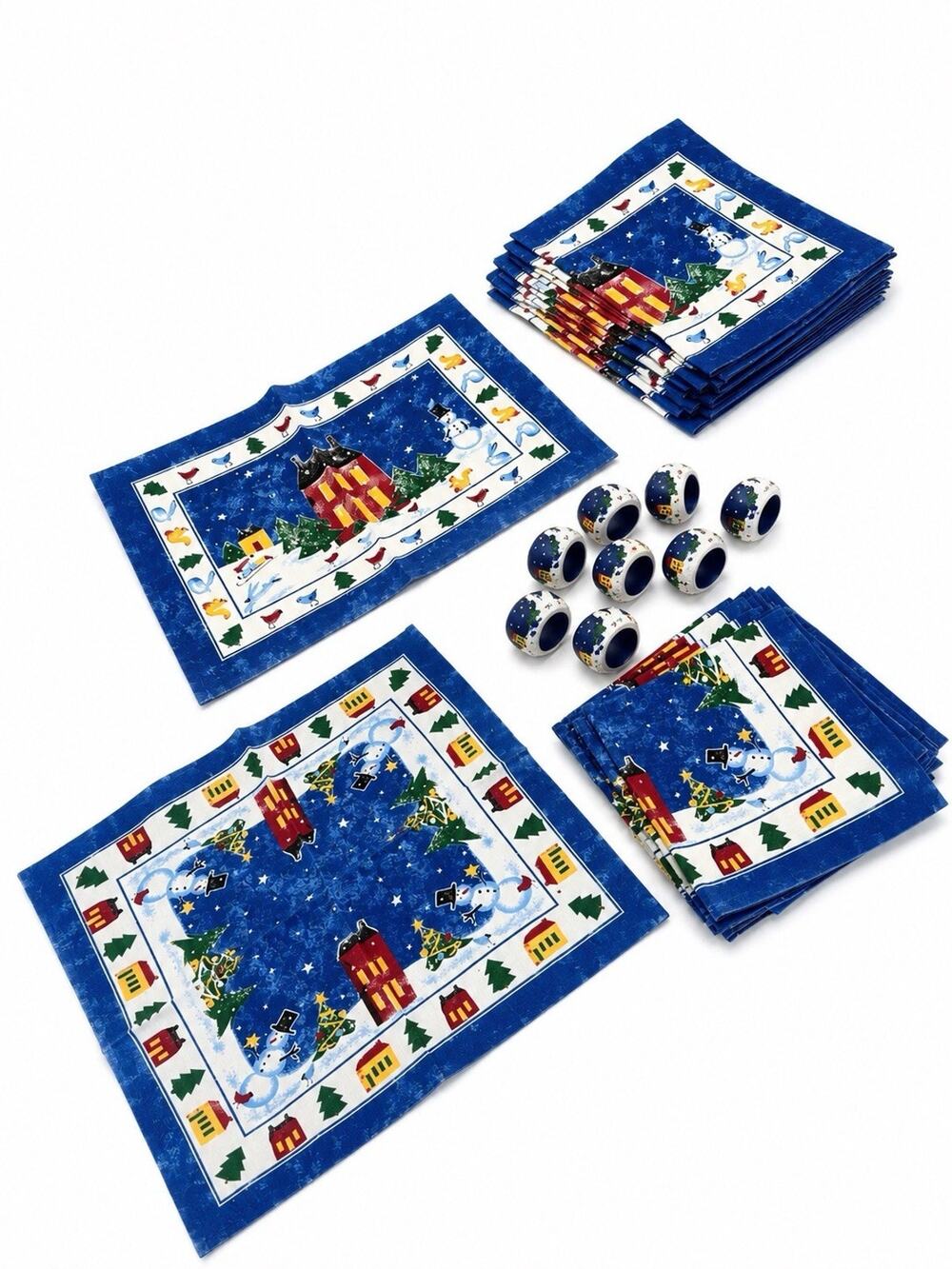 Winter Wonderland Blue Christmas 8 Placemats Cotton 8 Napkins 8 Napkin Holders